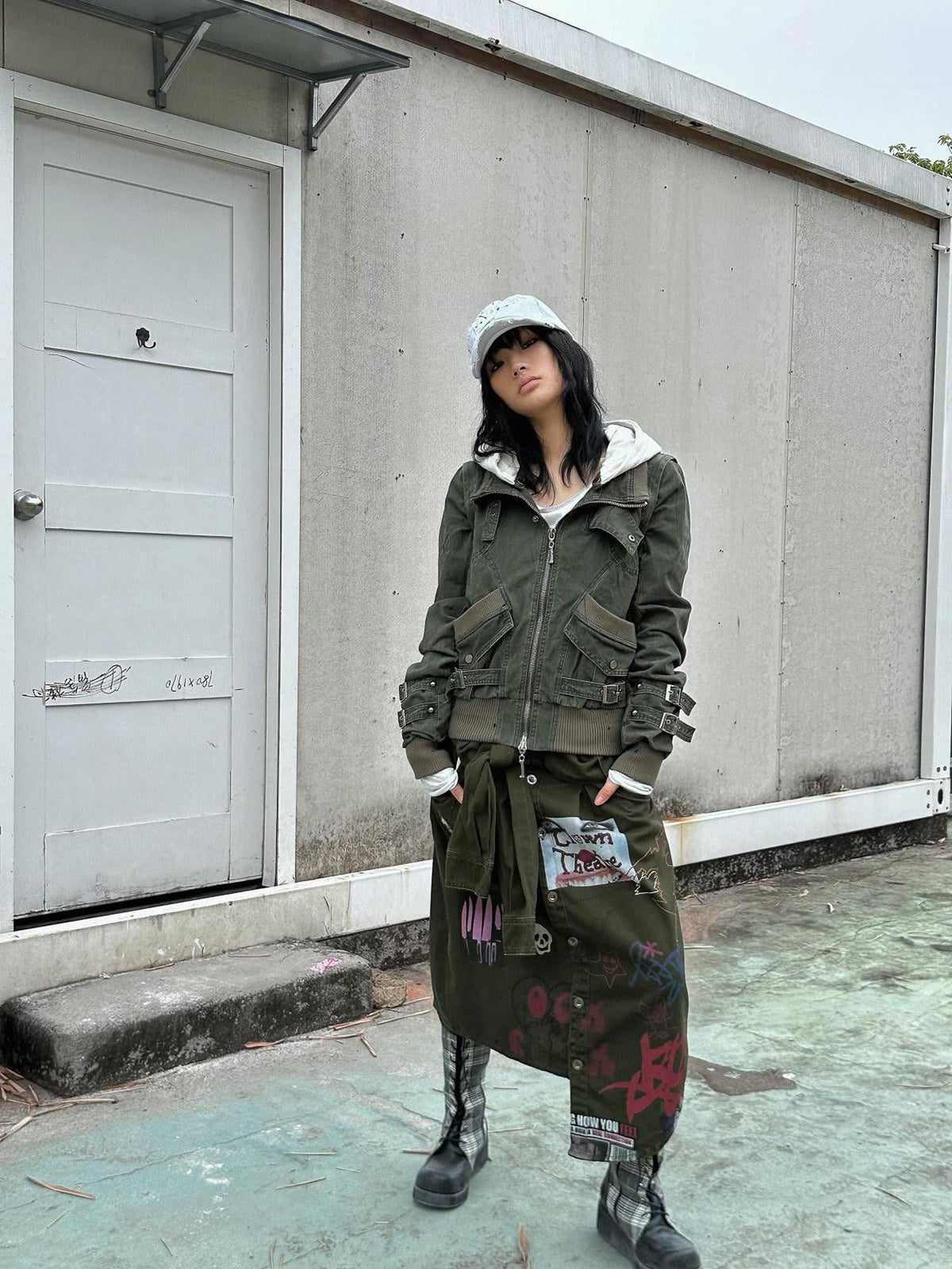 Ink Wash Two Way Removable Sleeves And Hood Women's Cotton Denim Utility Jackets