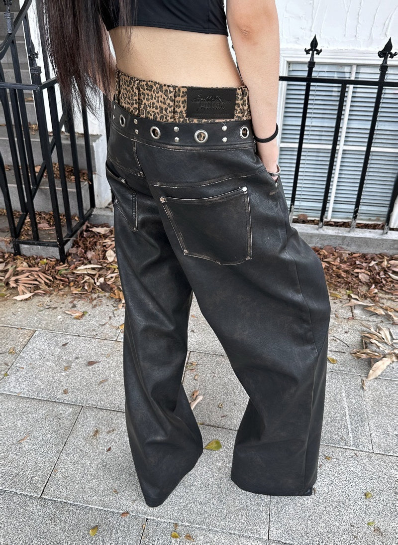 Leopard Patchwork Distressed Zipper Double Waist Women's Pu Wide-leg Pants