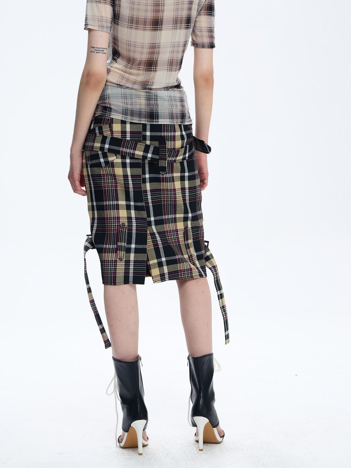 Pink Deconstructed Plaid A Line Wrap Metal Lace Up Women's Cotton Midi Skirts