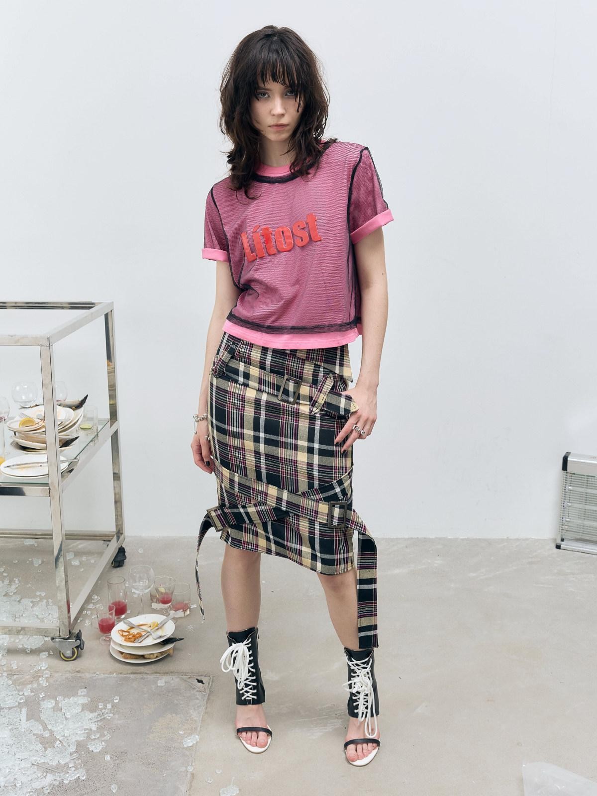 Pink Deconstructed Plaid A Line Wrap Metal Lace Up Women's Cotton Midi Skirts