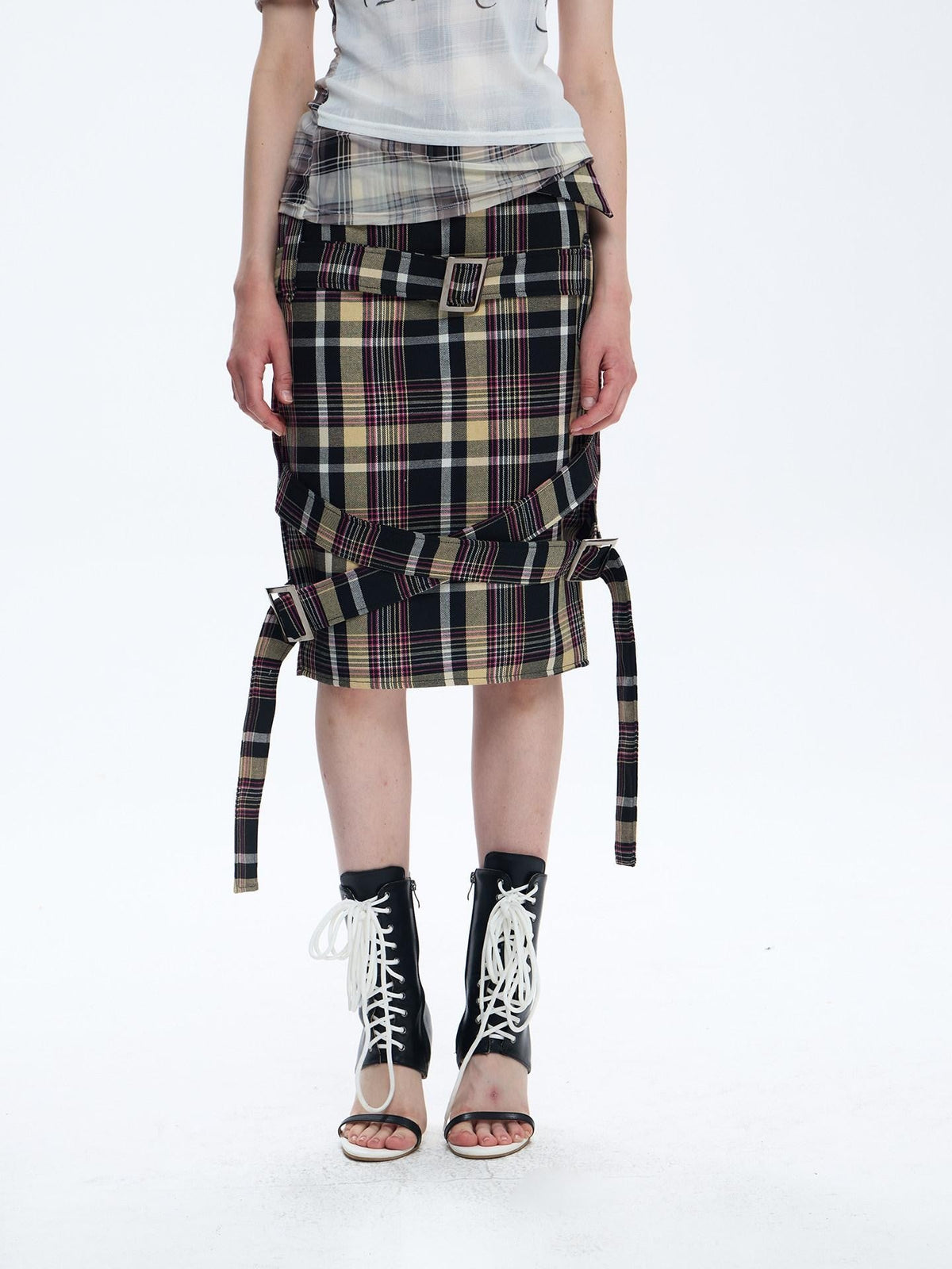 Pink Deconstructed Plaid A Line Wrap Metal Lace Up Women's Cotton Midi Skirts