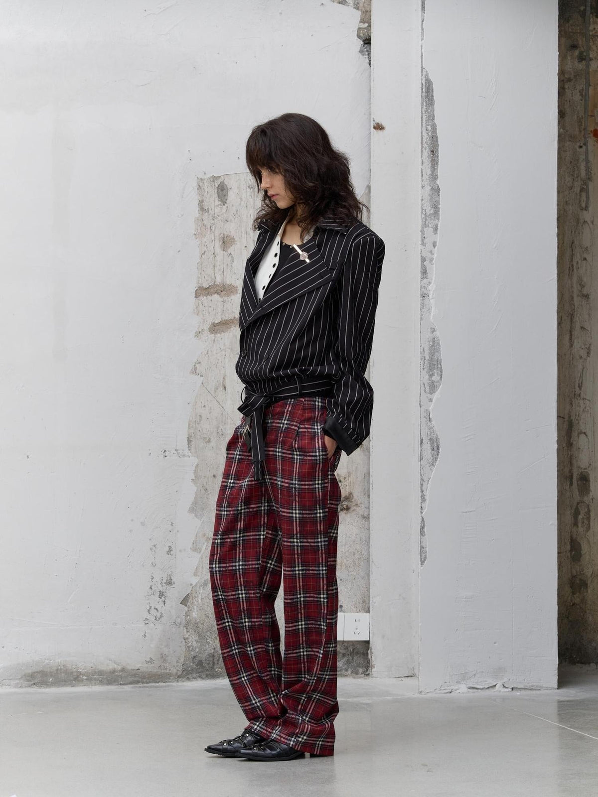Pleated Blue Plaid College Loose Fit Asymmetric Natural Waist Casual Unisex Pants
