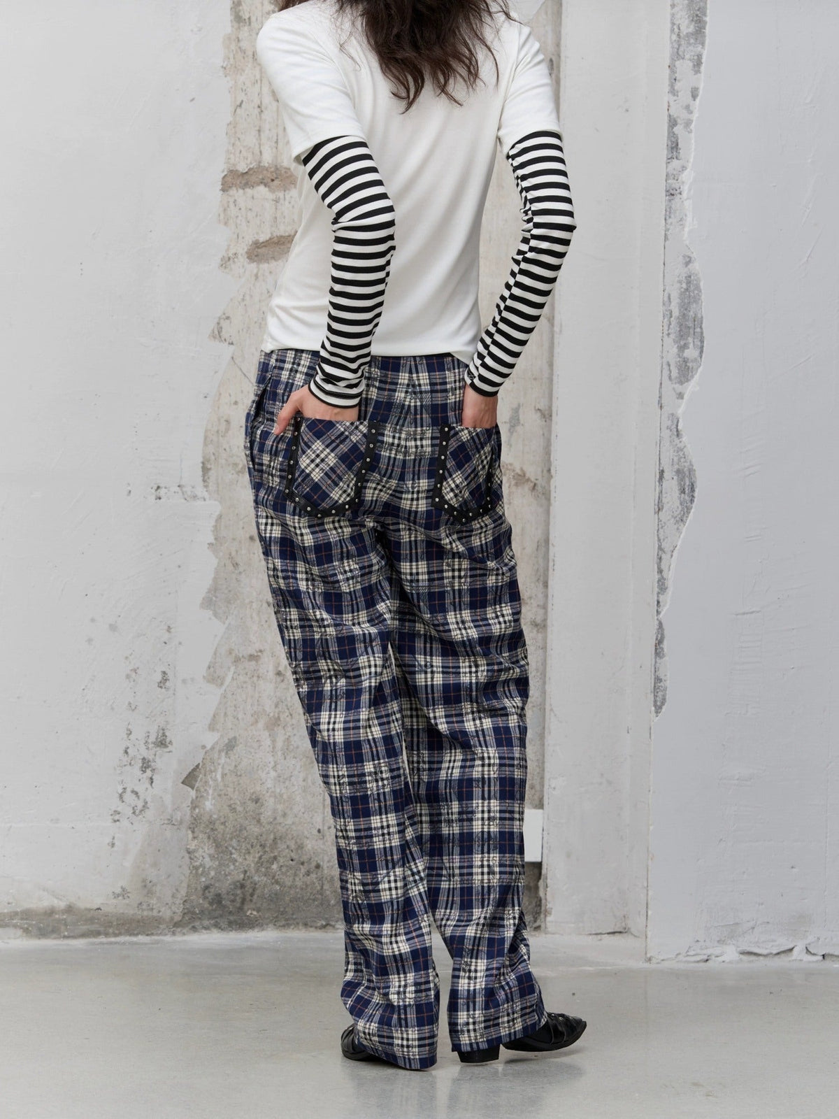 Pleated Blue Plaid College Loose Fit Asymmetric Natural Waist Casual Unisex Pants