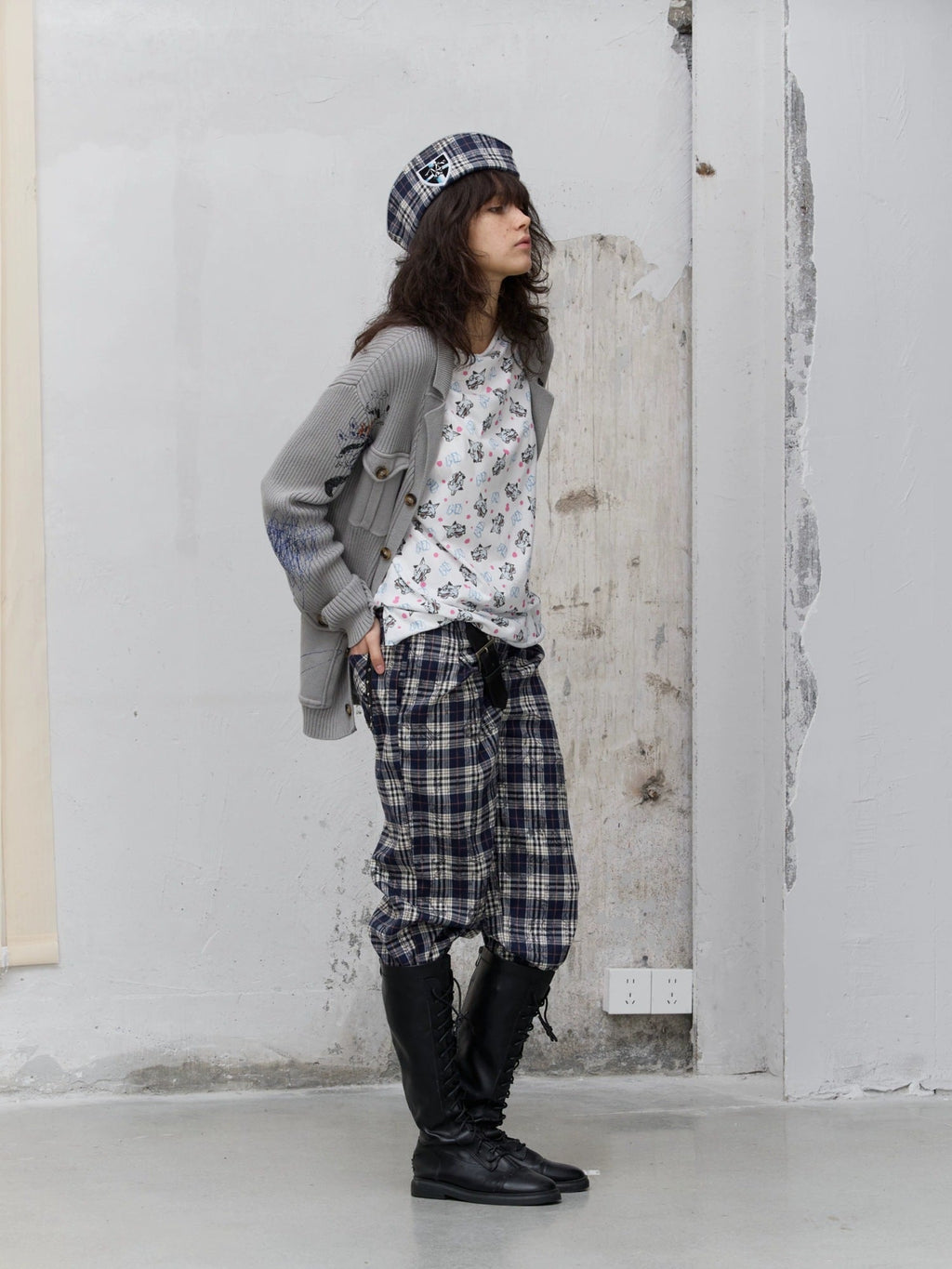 Pleated Blue Plaid College Loose Fit Asymmetric Natural Waist Casual Unisex Pants