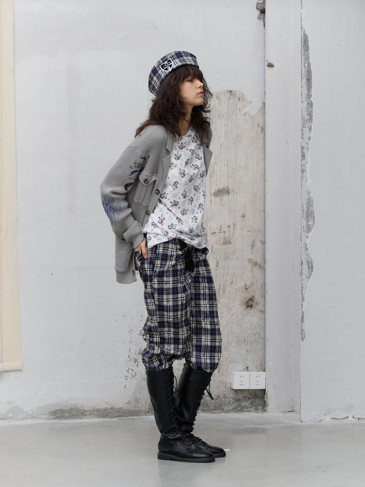 Pleated Blue Plaid College Loose Fit Asymmetric Natural Waist Casual Unisex Pants
