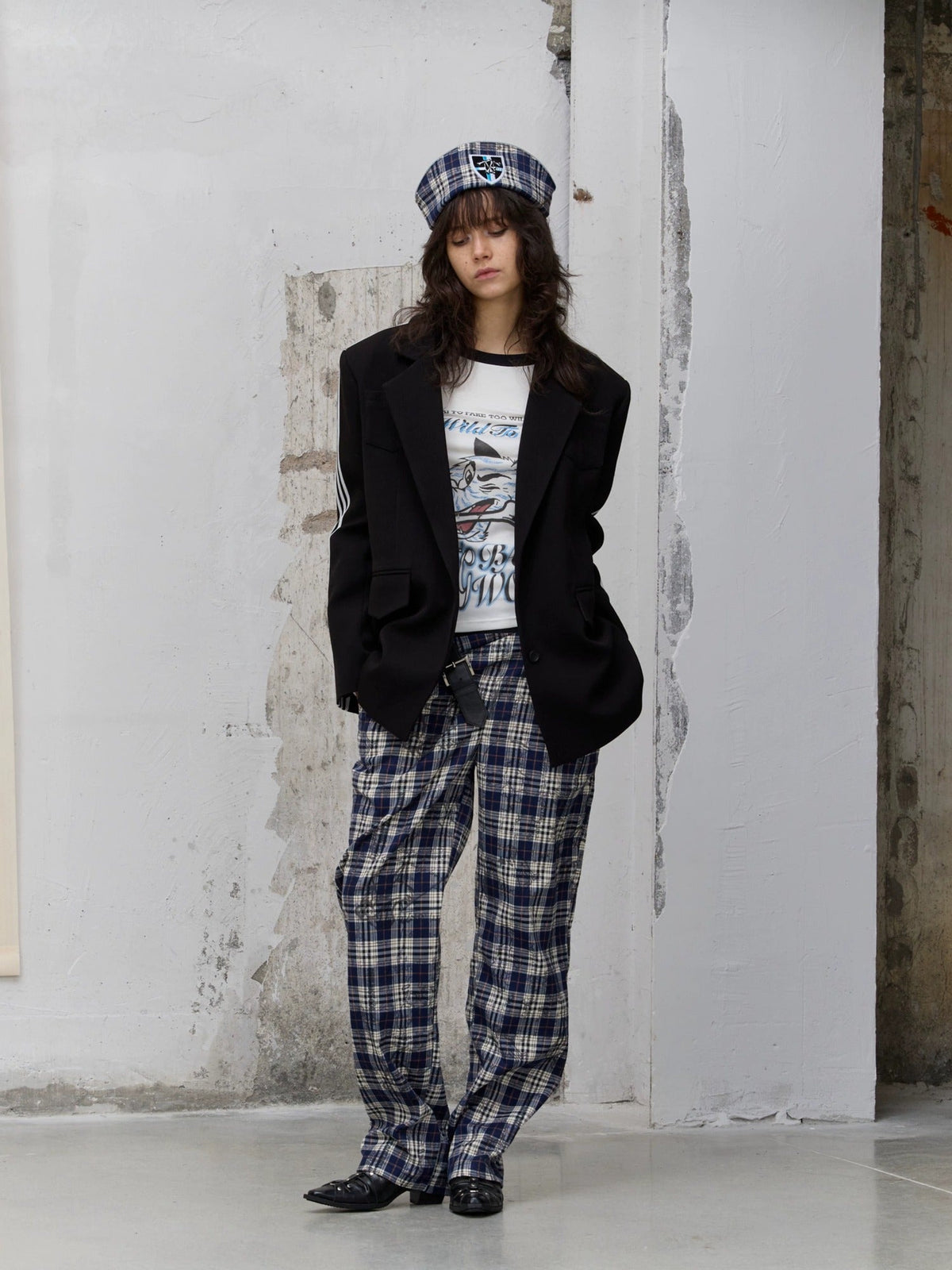 Pleated Blue Plaid College Loose Fit Asymmetric Natural Waist Casual Unisex Pants