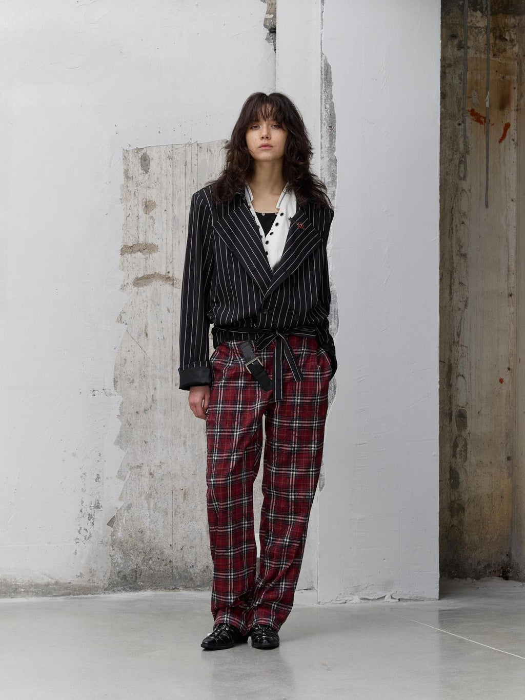 Pleated Blue Plaid College Loose Fit Asymmetric Natural Waist Casual Unisex Pants