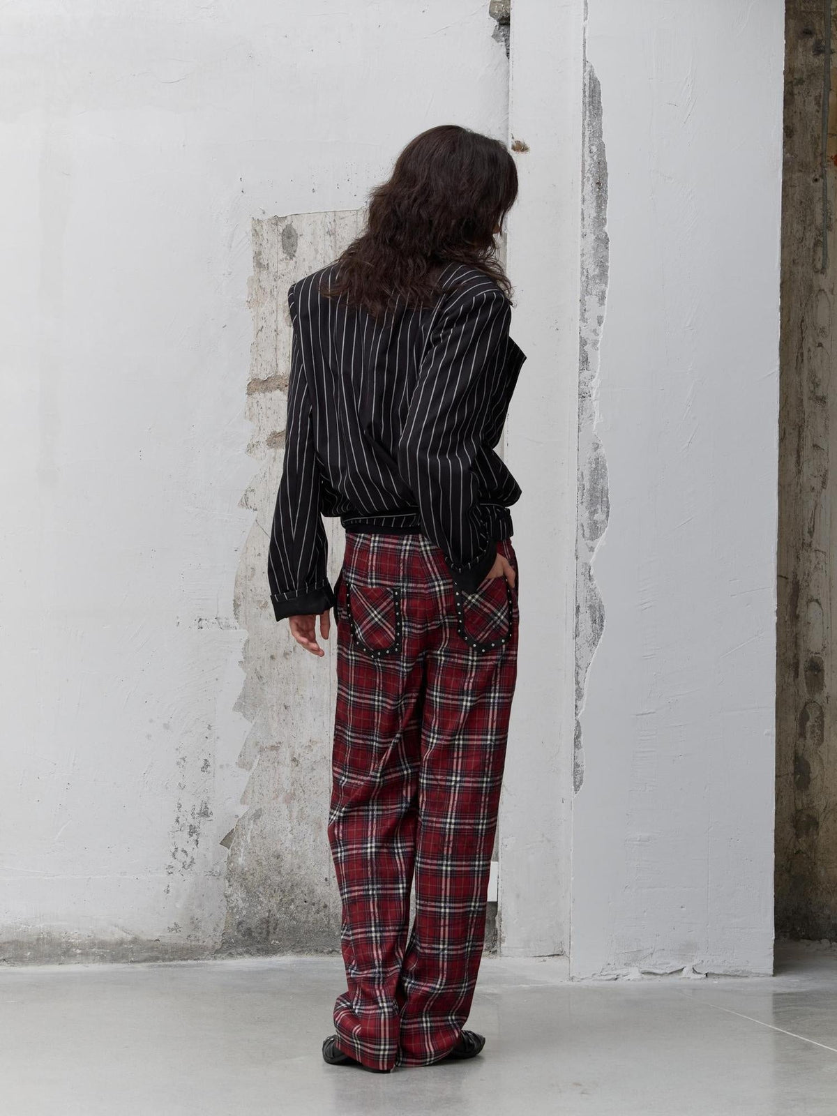 Pleated Blue Plaid College Loose Fit Asymmetric Natural Waist Casual Unisex Pants