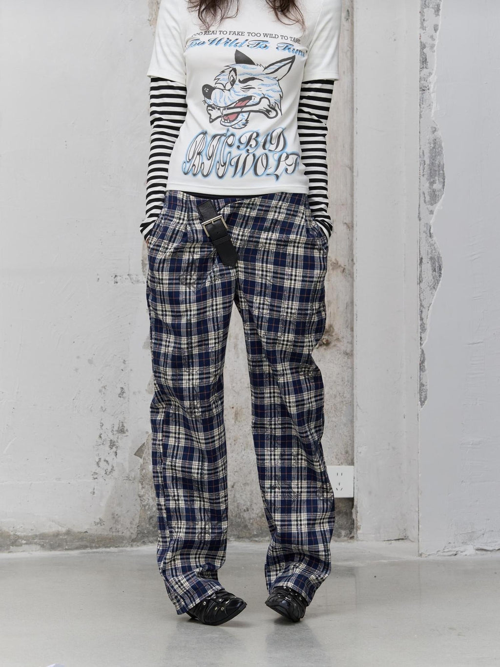 Pleated Blue Plaid College Loose Fit Asymmetric Natural Waist Casual Unisex Pants