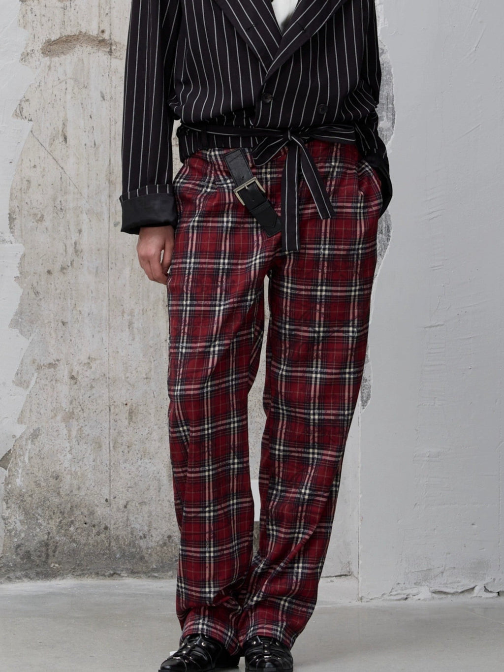Pleated Blue Plaid College Loose Fit Asymmetric Natural Waist Casual Unisex Pants