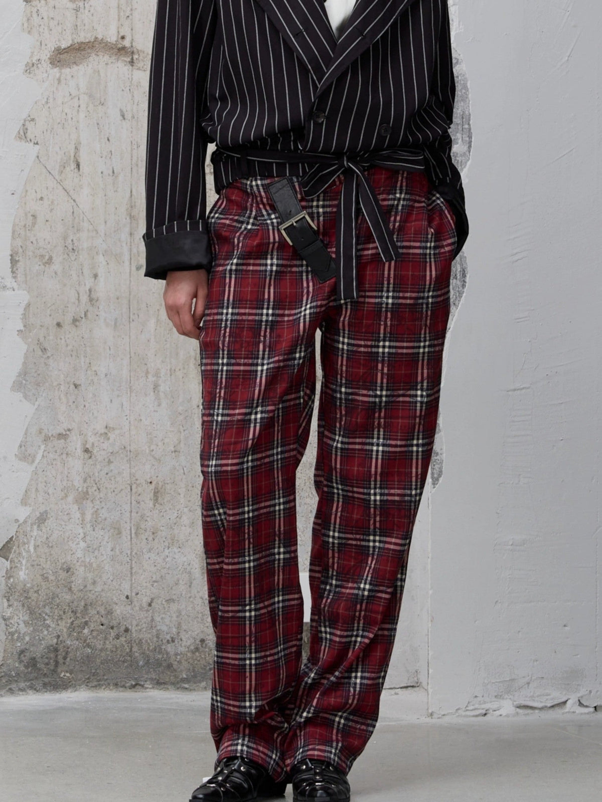 Pleated Blue Plaid College Loose Fit Asymmetric Natural Waist Casual Unisex Pants