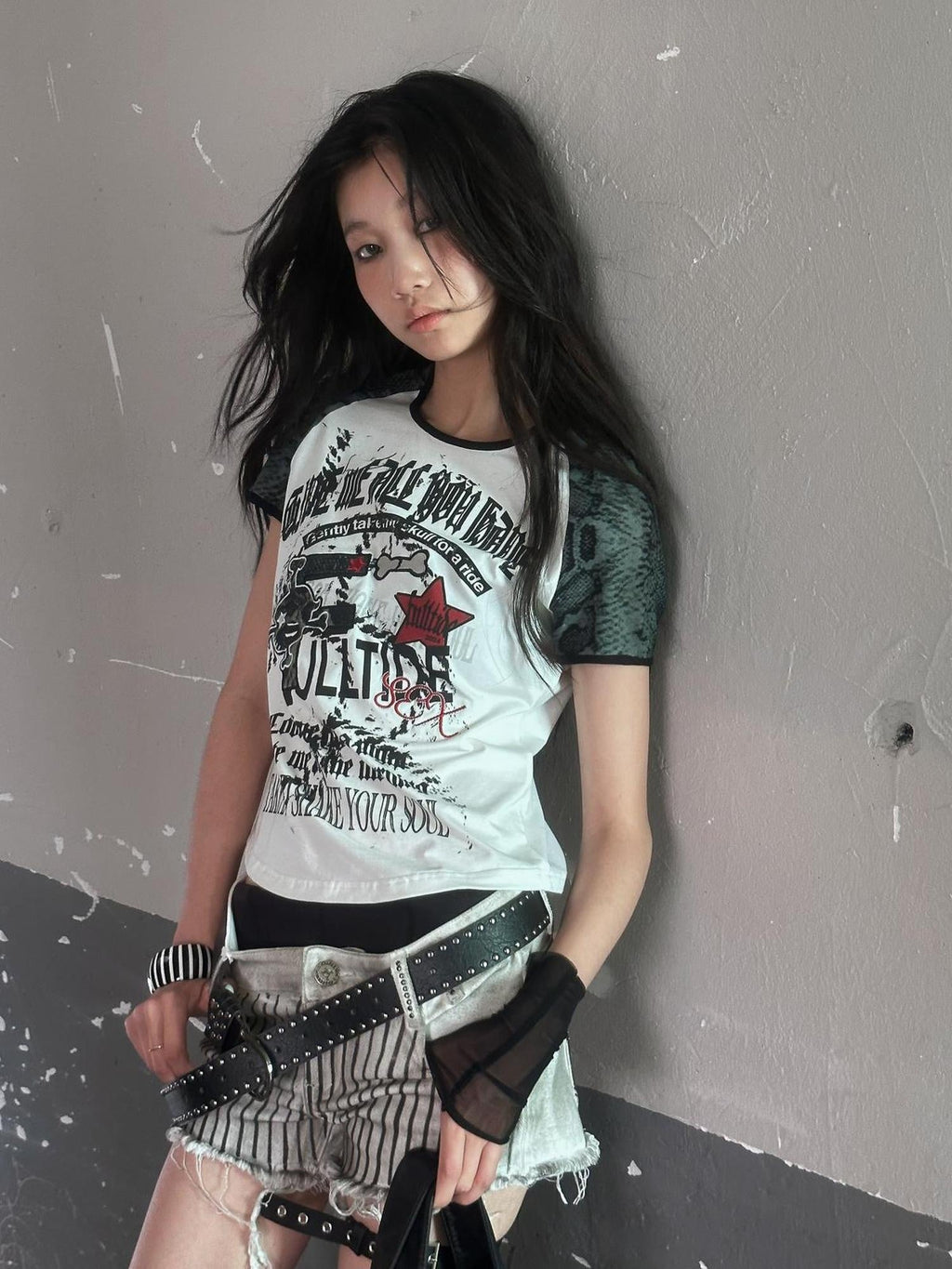 Printed Cropped Sexy Youth Round Neck Cotton Spandex Women Black Gray T-Shirt