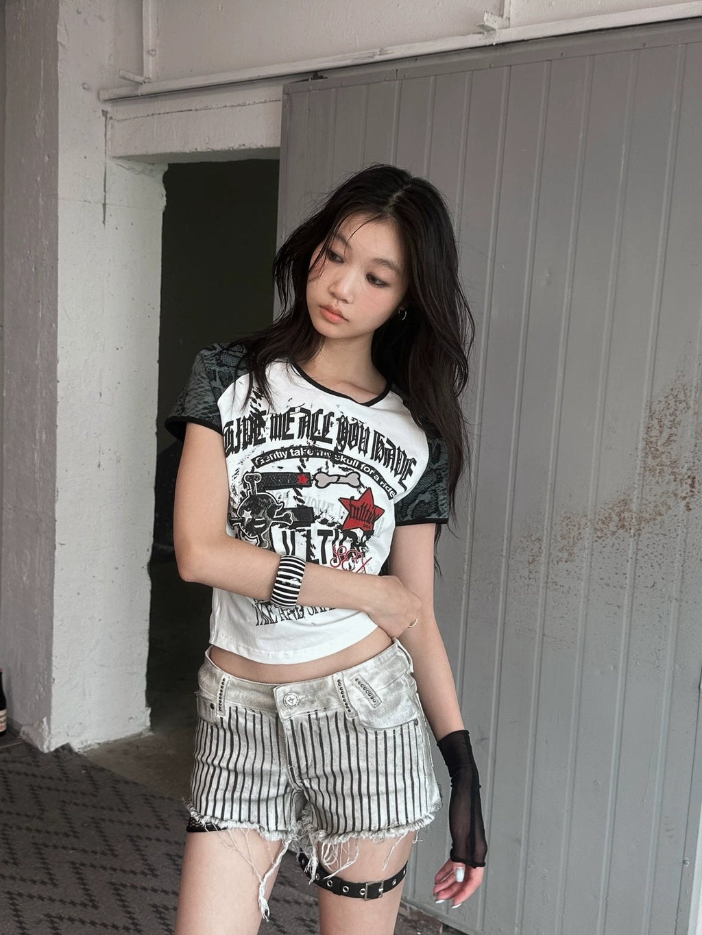 Printed Cropped Sexy Youth Round Neck Cotton Spandex Women Black Gray T-Shirt