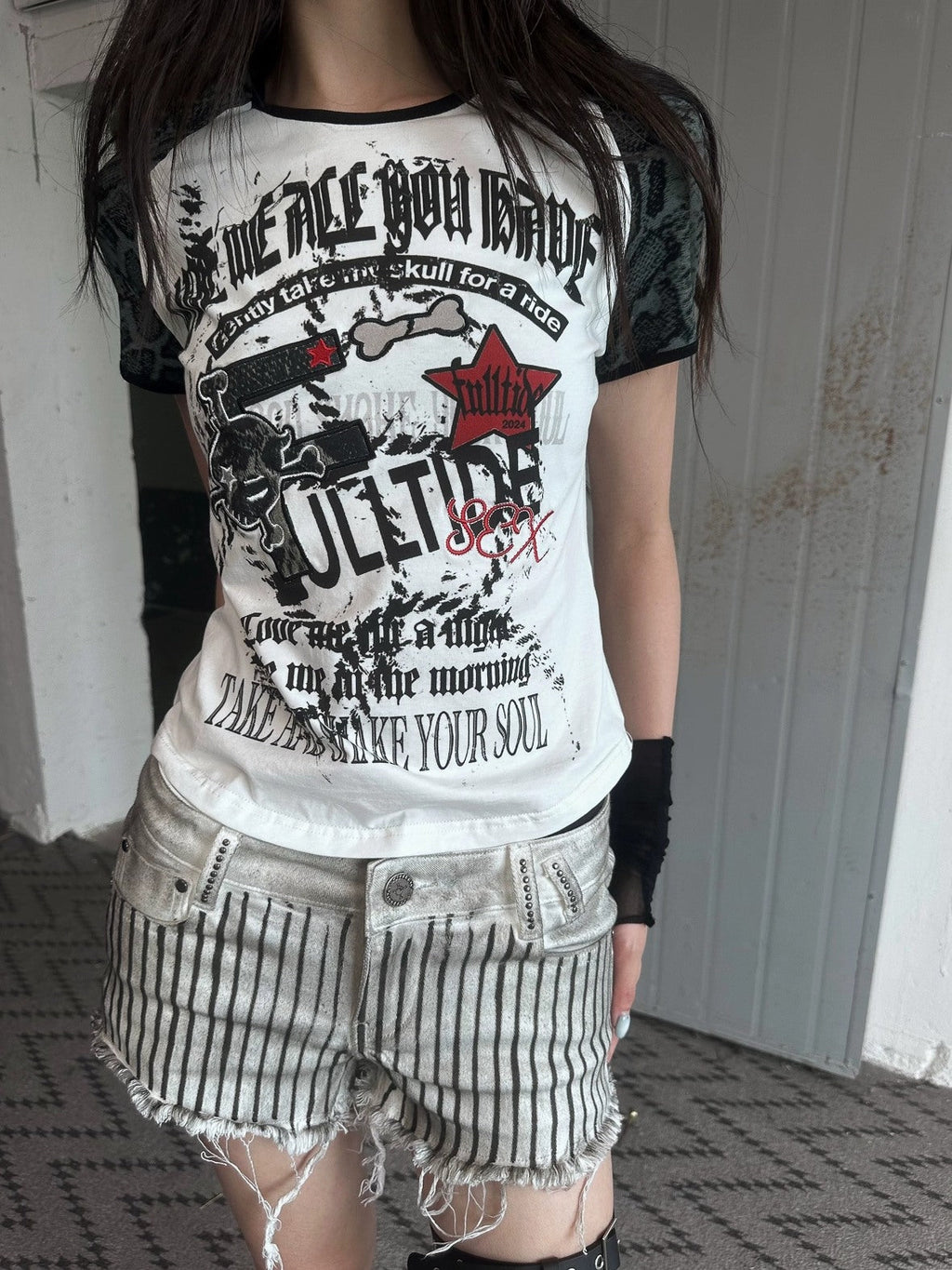 Printed Cropped Sexy Youth Round Neck Cotton Spandex Women Black Gray T-Shirt
