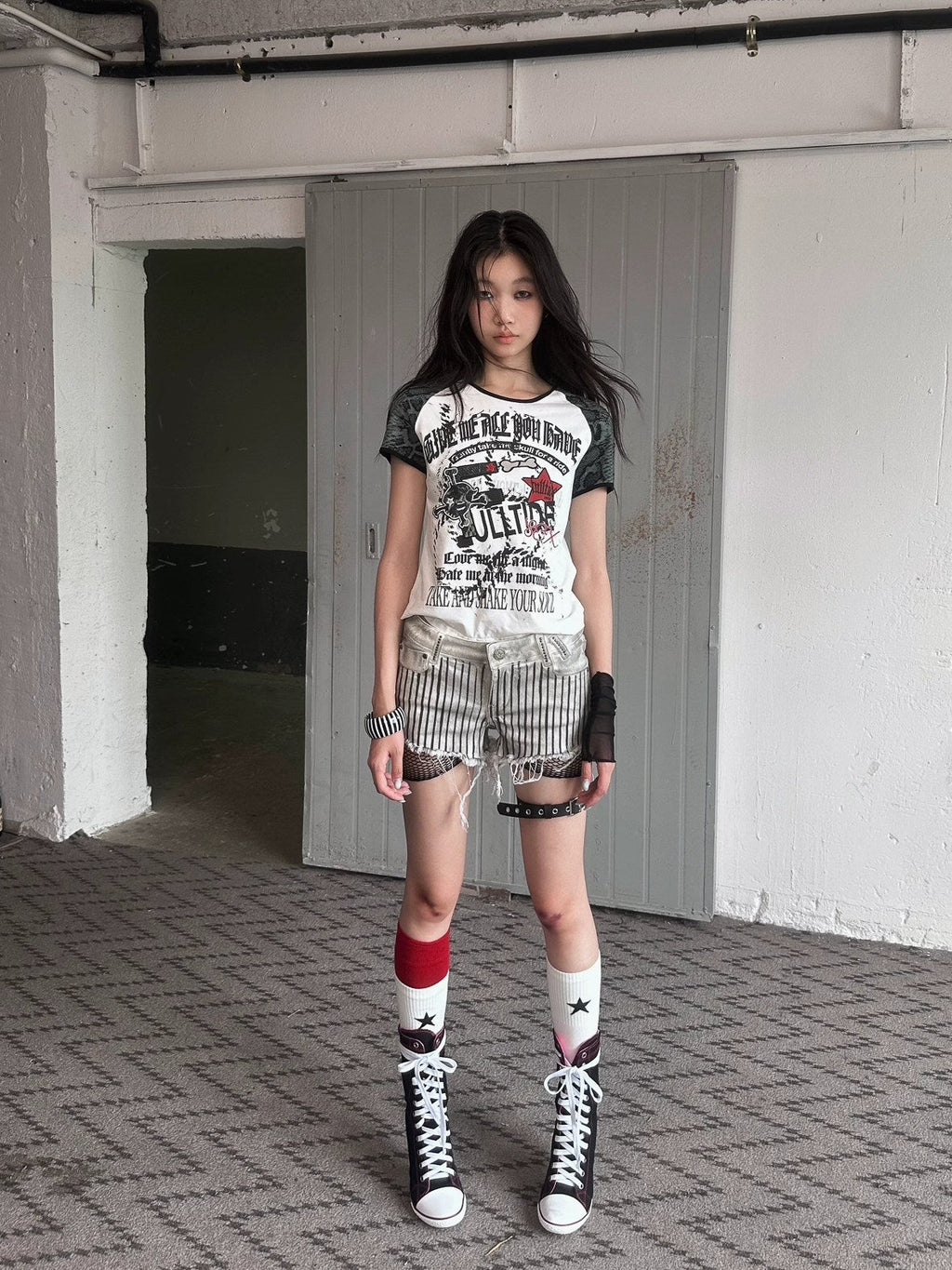 Printed Cropped Sexy Youth Round Neck Cotton Spandex Women Black Gray T-Shirt
