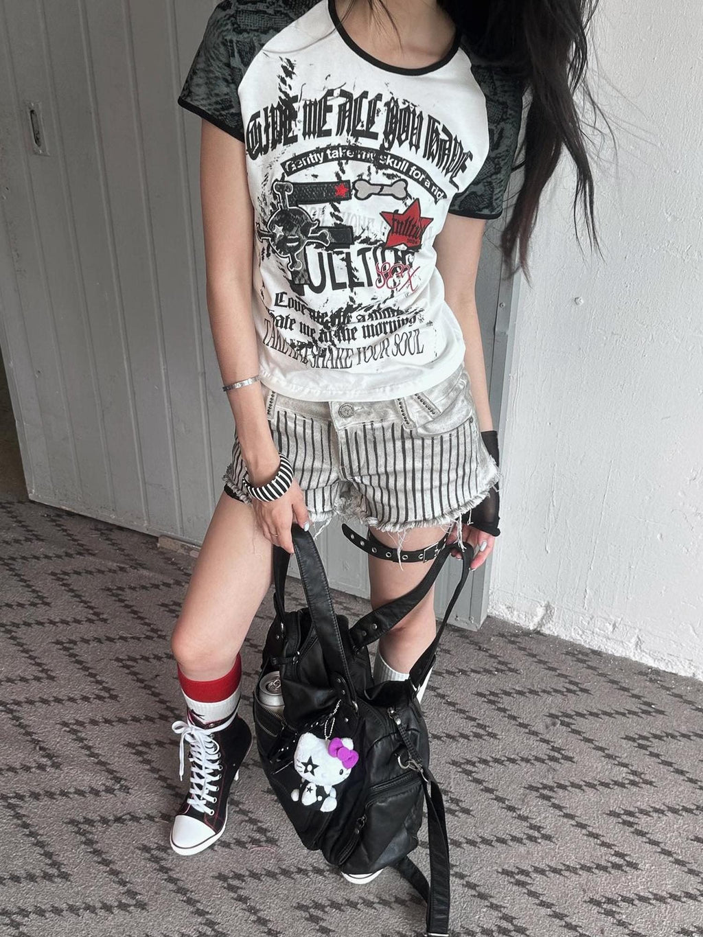 Printed Cropped Sexy Youth Round Neck Cotton Spandex Women Black Gray T-Shirt