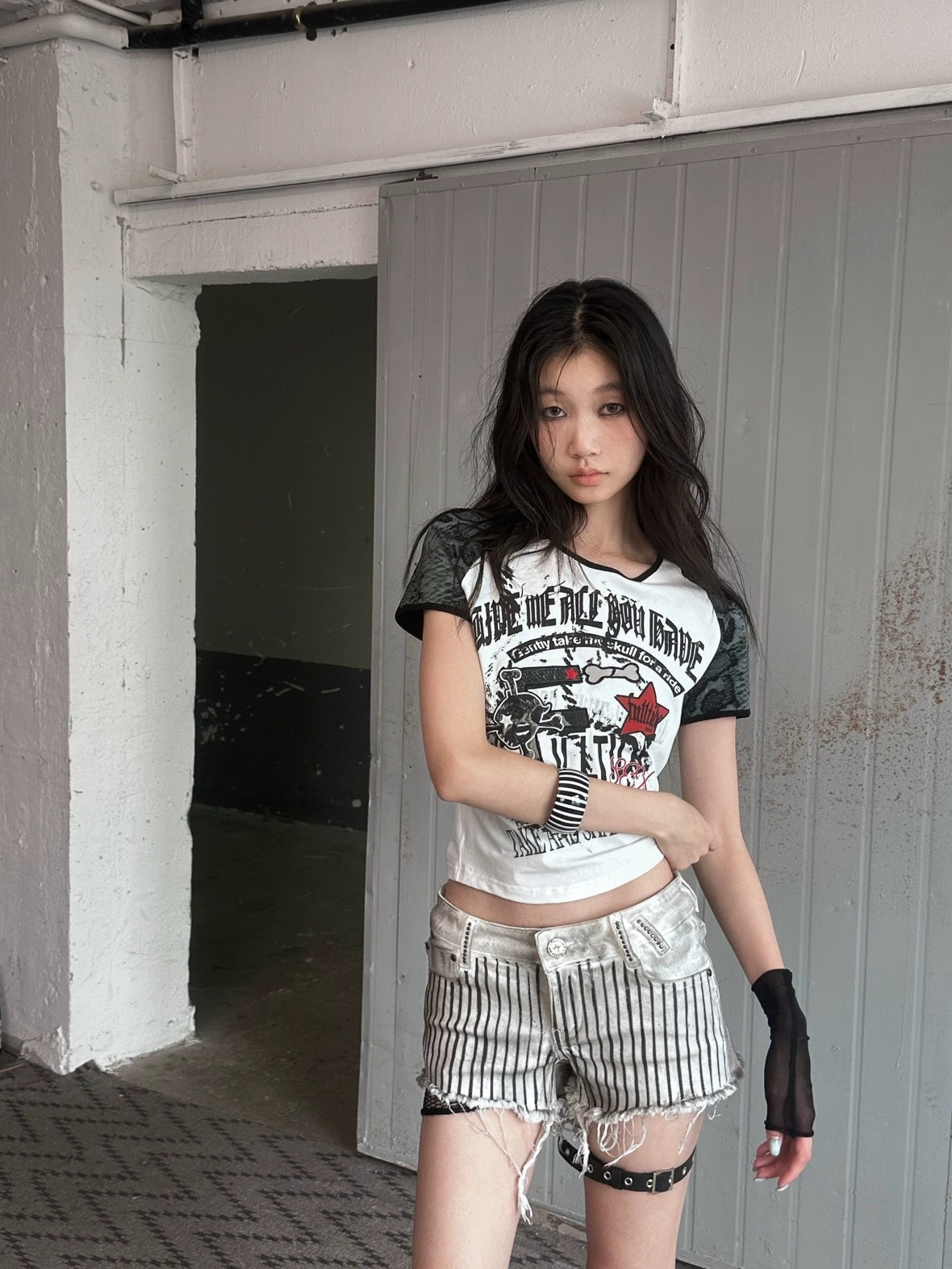 Printed Cropped Sexy Youth Round Neck Cotton Spandex Women Black Gray T-Shirt