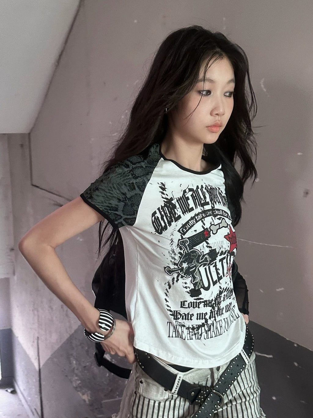 Printed Cropped Sexy Youth Round Neck Cotton Spandex Women Black Gray T-Shirt
