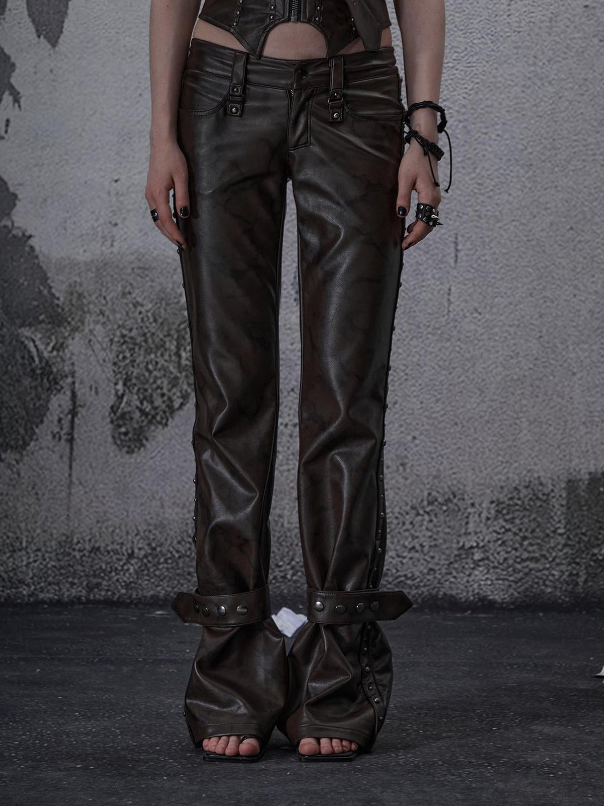 Pu Leather Look Low Rise Asymmetric Wide Leg Street Style Women Pants