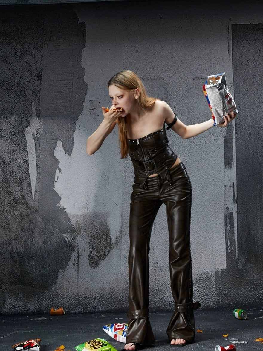 Pu Leather Zipper Cropped Fitted Punk Street Women Dark Coffee Tank Top