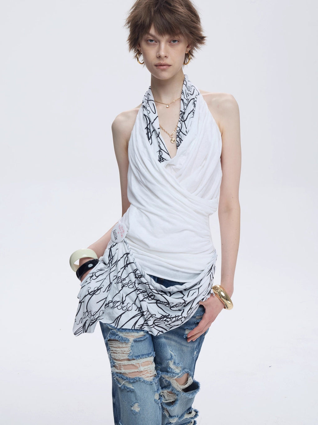 Soft 100 Percent Cotton Slim Fit V Neck Sleeveless Women Cross Print T-Shirt