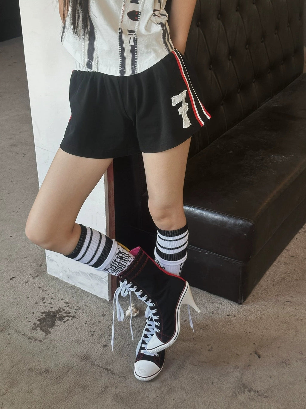 Stretch Cotton Natural Waist Slight Flare Original Design Women Black Red Shorts