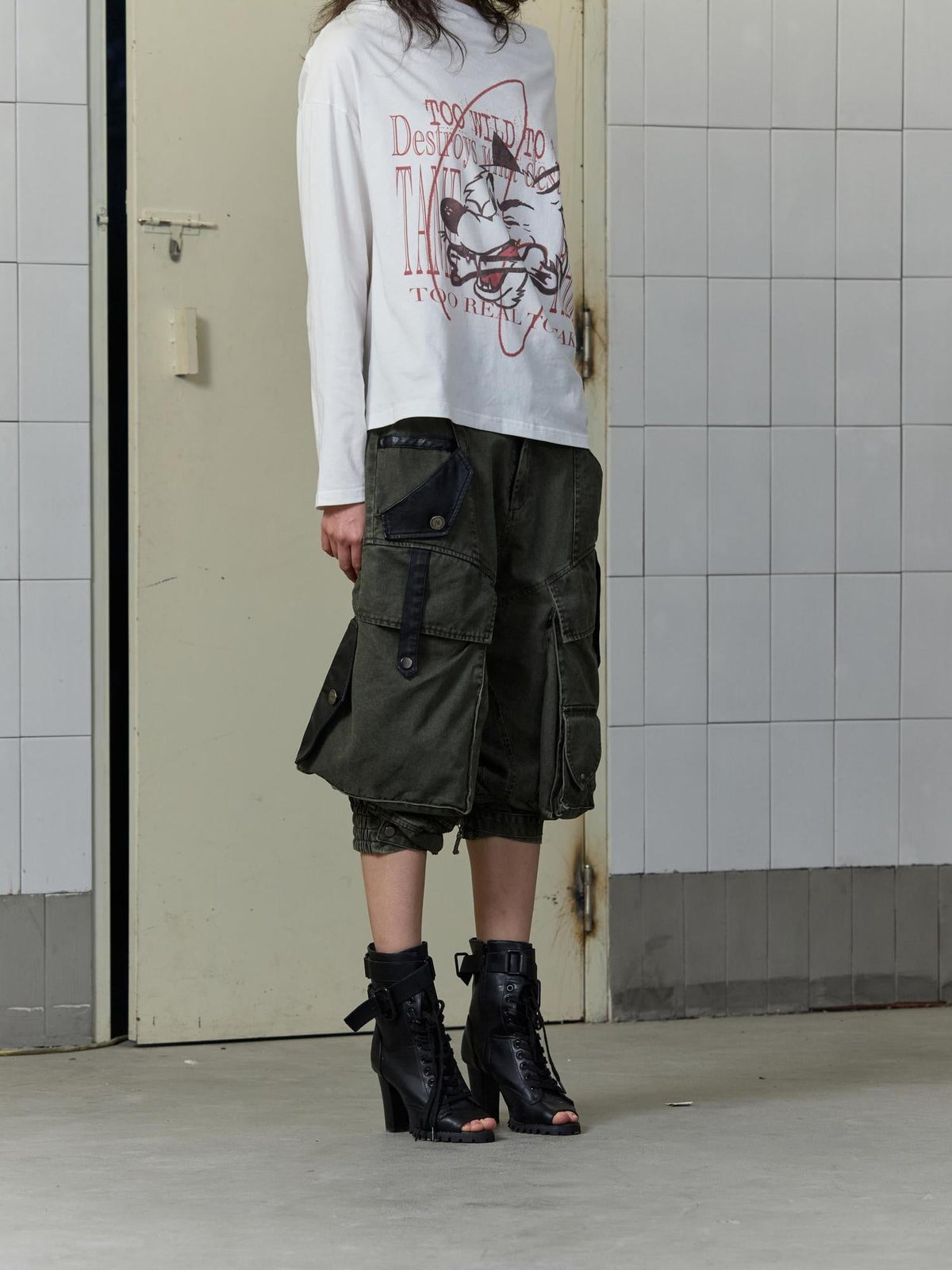 Stretch Cotton Rayon Cargo Loose Natural Waist Zipper Pockets Women Pants