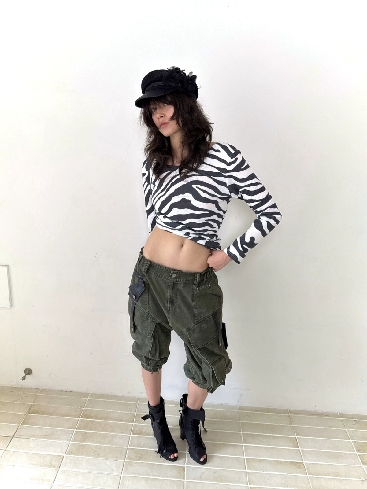 Stretch Cotton Rayon Cargo Loose Natural Waist Zipper Pockets Women Pants