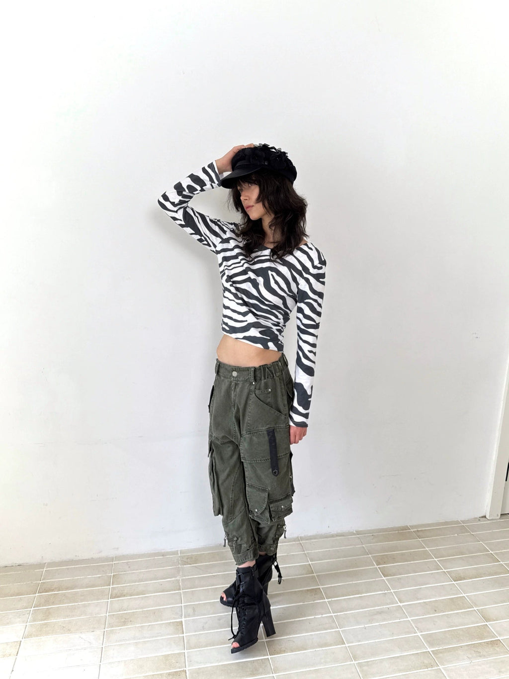Stretch Cotton Rayon Cargo Loose Natural Waist Zipper Pockets Women Pants