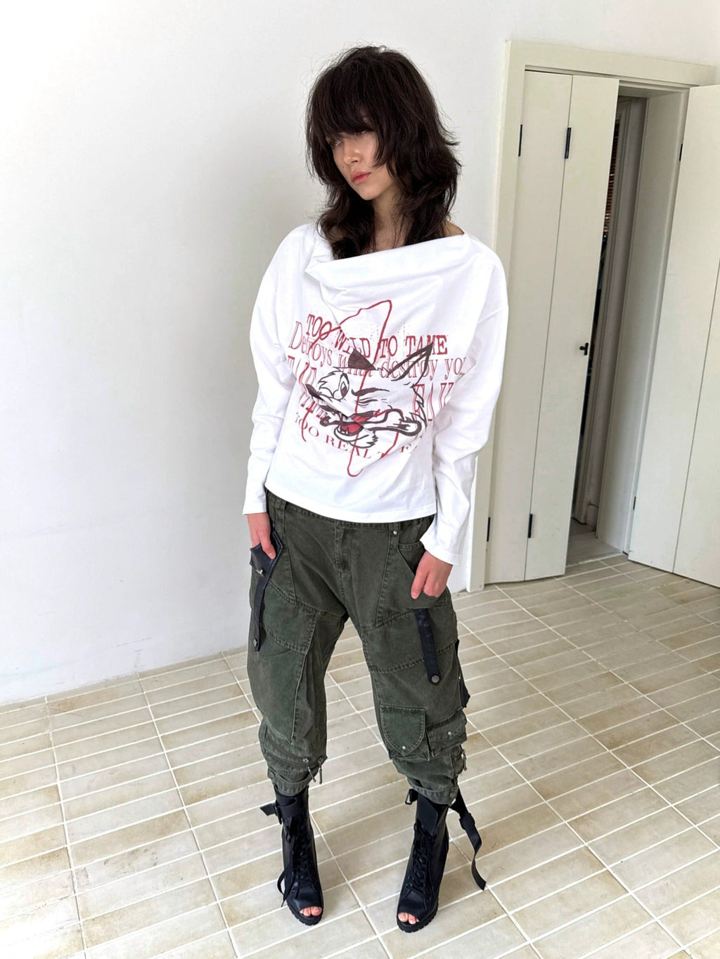 Stretch Cotton Rayon Cargo Loose Natural Waist Zipper Pockets Women Pants