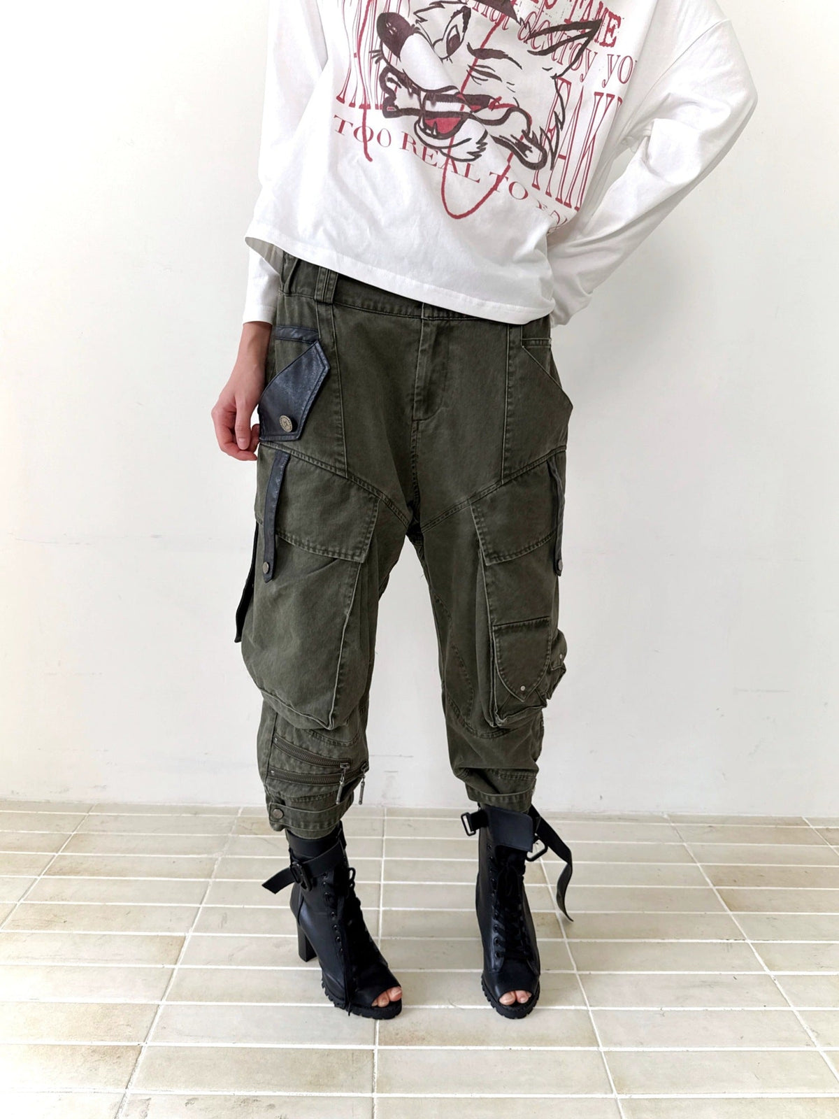 Stretch Cotton Rayon Cargo Loose Natural Waist Zipper Pockets Women Pants