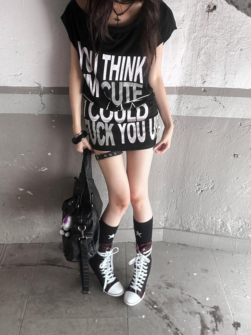 Stretch Cotton Sleeveless Midlength Street Women Round Neck Black T-Shirt