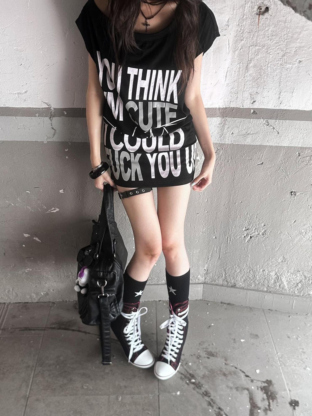 Stretch Cotton Sleeveless Midlength Street Women Round Neck Black T-Shirt