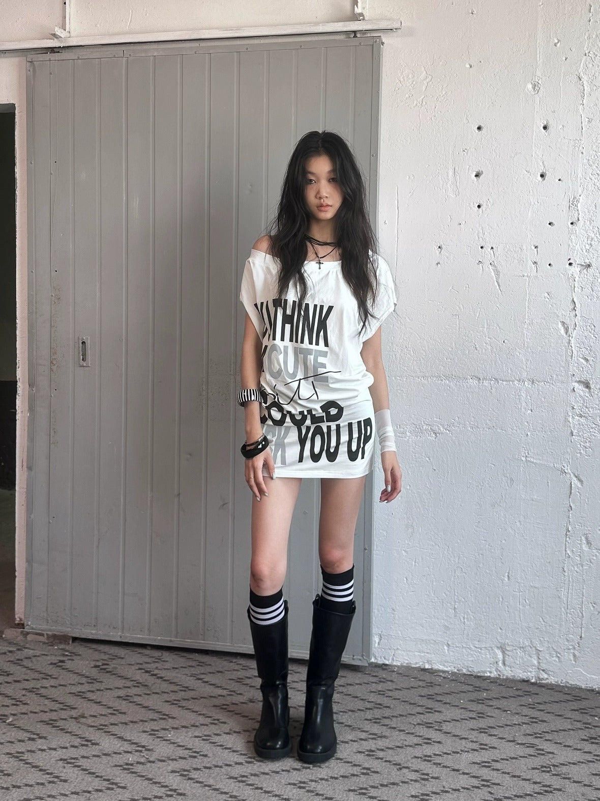 Stretch Cotton Sleeveless Midlength Street Women Round Neck Black T-Shirt