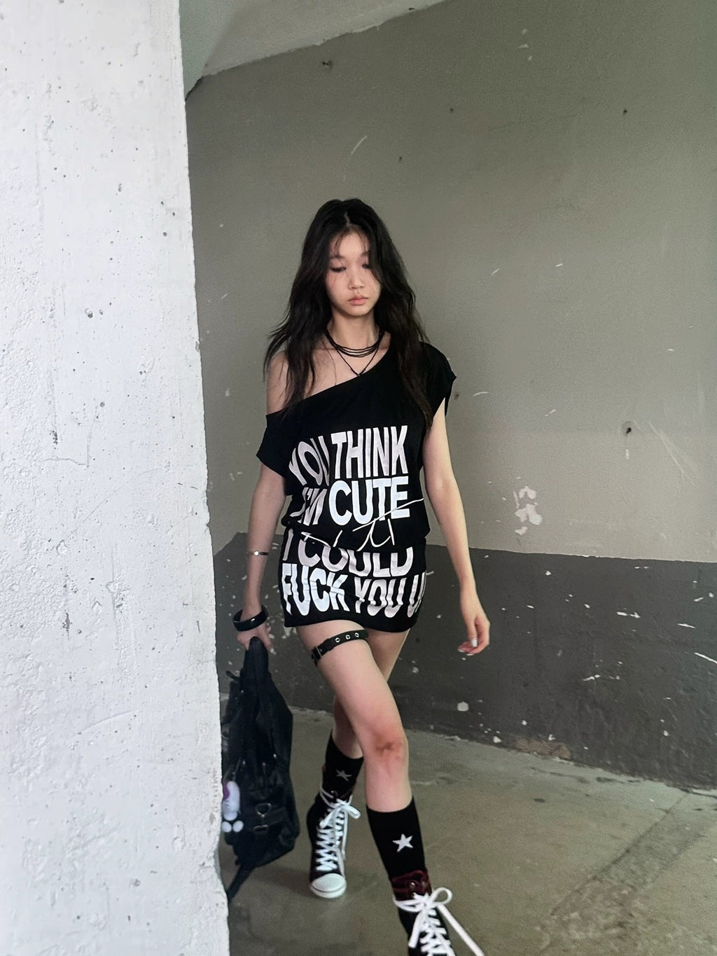 Stretch Cotton Sleeveless Midlength Street Women Round Neck Black T-Shirt