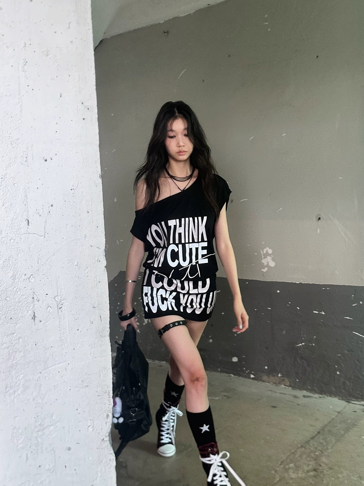 Stretch Cotton Sleeveless Midlength Street Women Round Neck Black T-Shirt