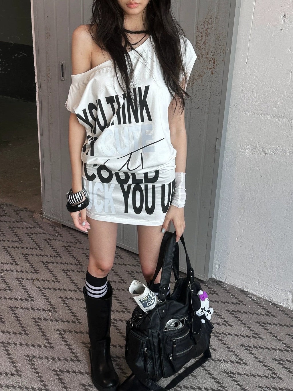 Stretch Cotton Sleeveless Midlength Street Women Round Neck Black T-Shirt