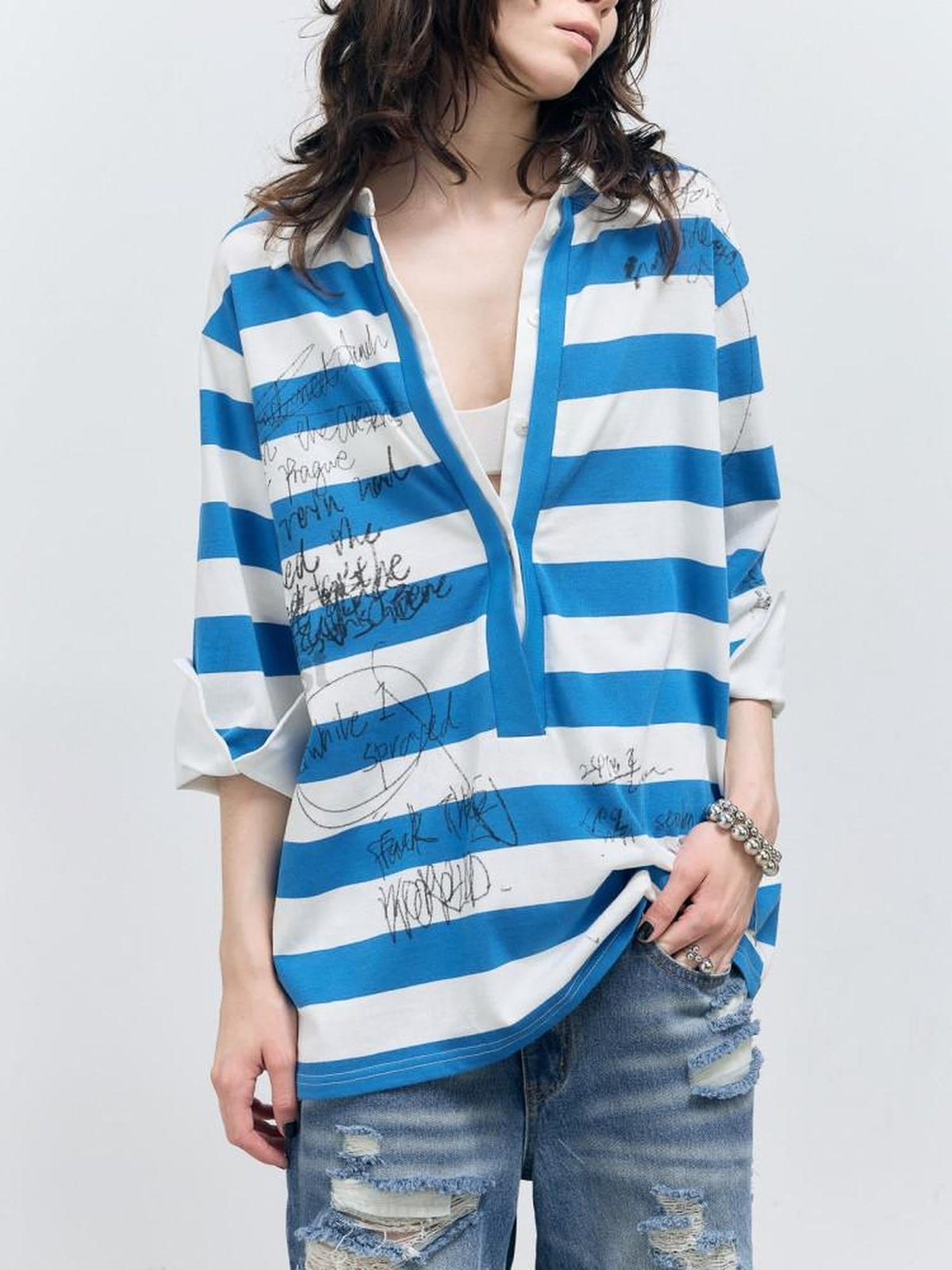 Striped Graffiti Print Open Polo Collar Faux Two Piece Women's Cotton Shirts