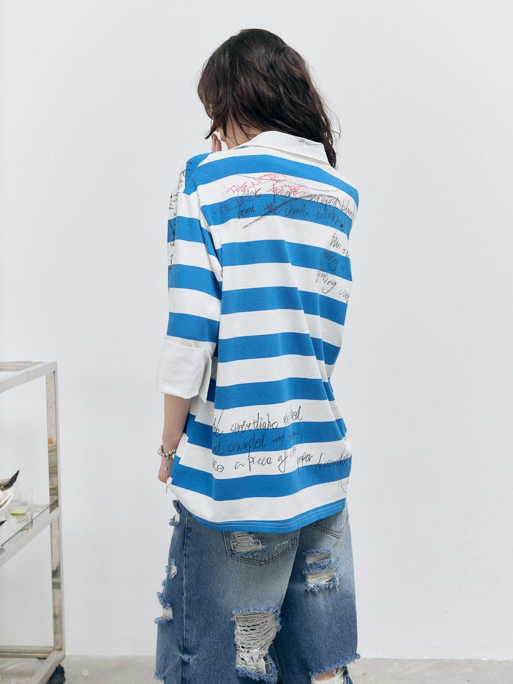 Striped Graffiti Print Open Polo Collar Faux Two Piece Women's Cotton Shirts
