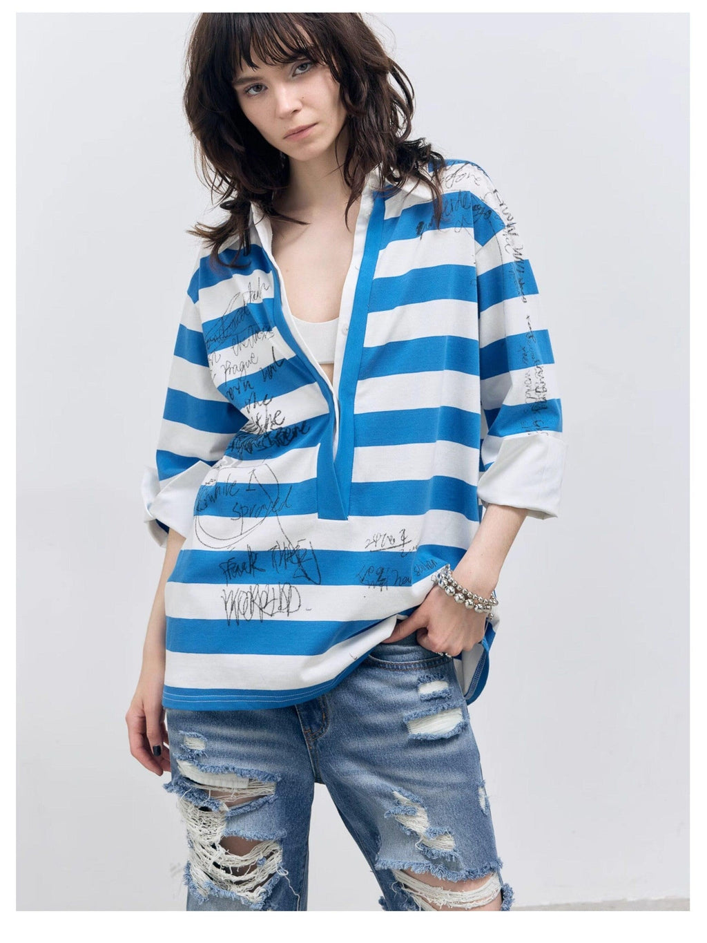 Striped Graffiti Print Open Polo Collar Faux Two Piece Women's Cotton Shirts