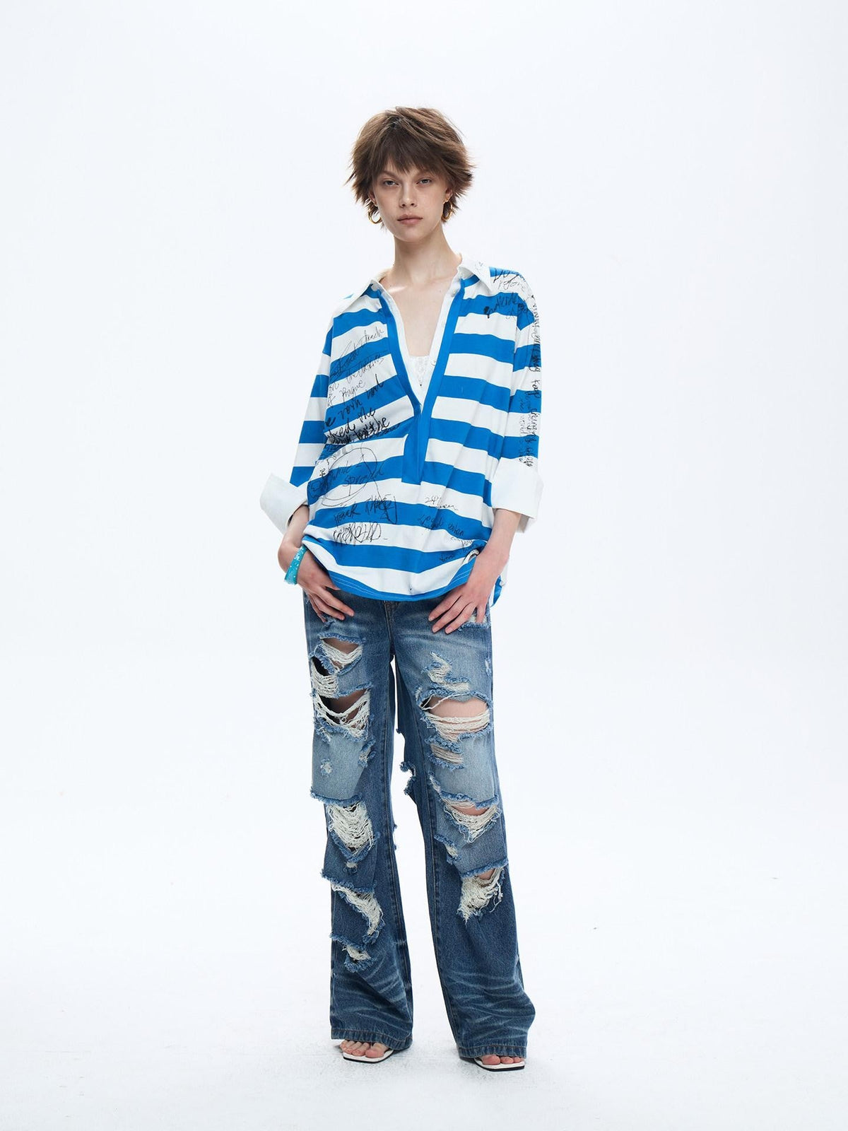 Striped Graffiti Print Open Polo Collar Faux Two Piece Women's Cotton Shirts