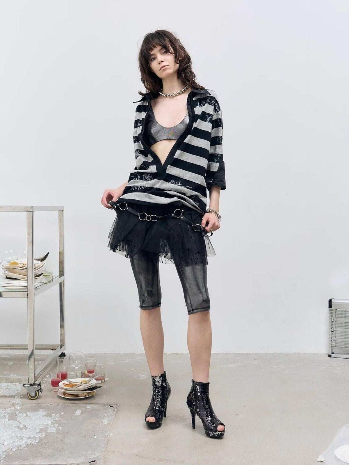 Striped Graffiti Print Open Polo Collar Faux Two Piece Women's Cotton Shirts