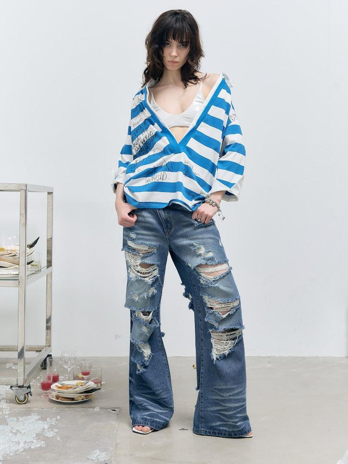 Striped Graffiti Print Open Polo Collar Faux Two Piece Women's Cotton Shirts