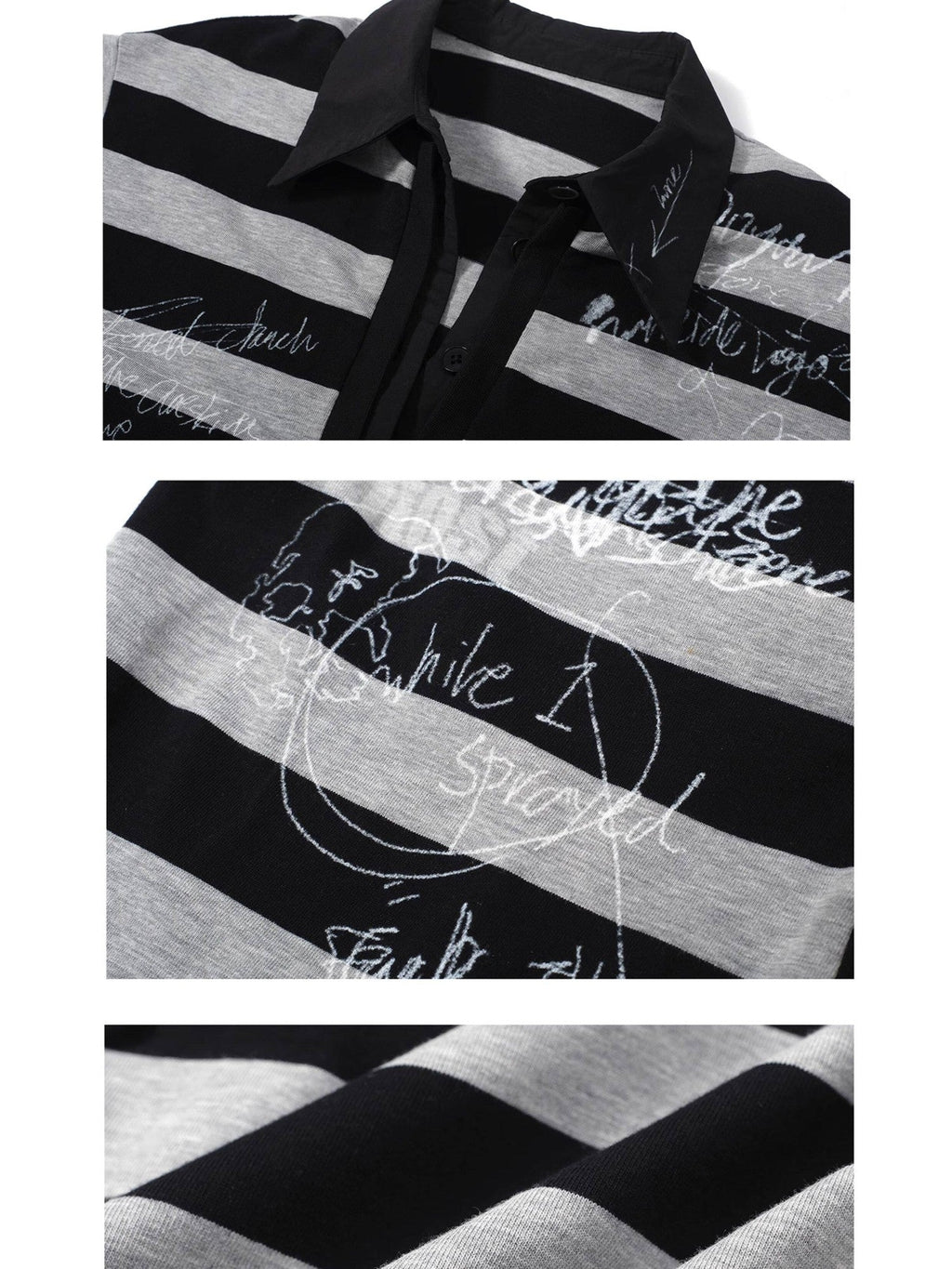 Striped Graffiti Print Open Polo Collar Faux Two Piece Women's Cotton Shirts