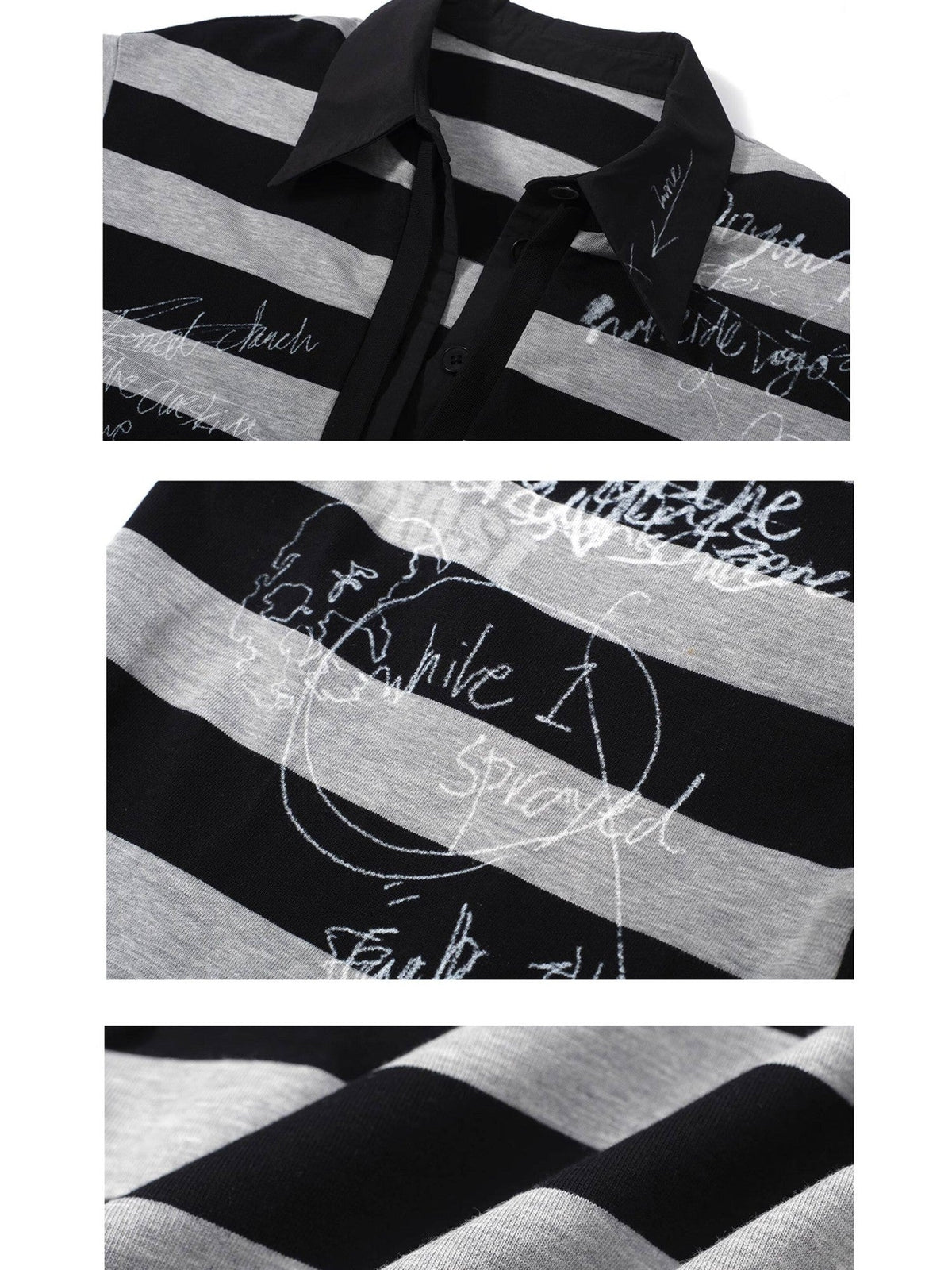 Striped Graffiti Print Open Polo Collar Faux Two Piece Women's Cotton Shirts