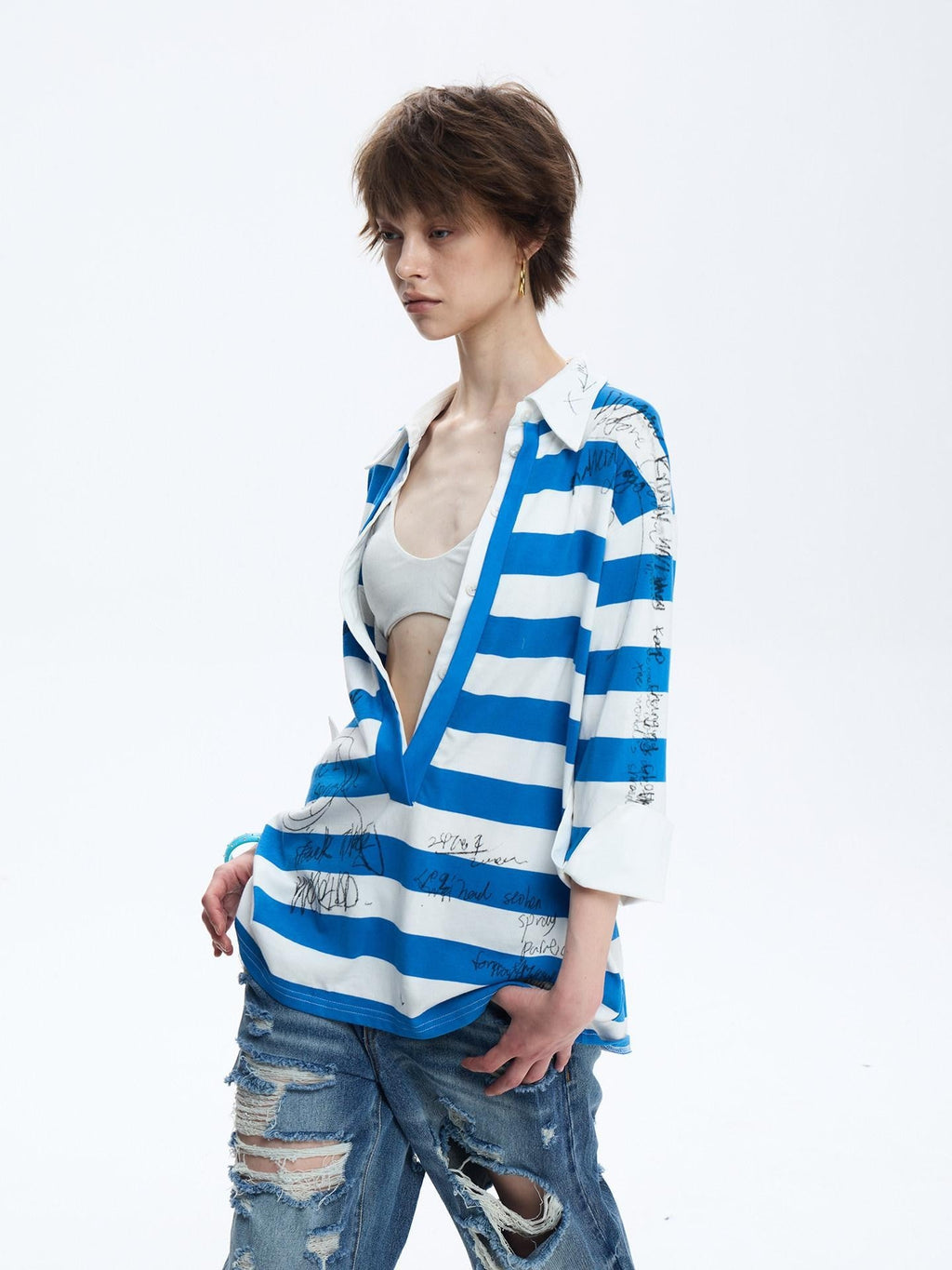 Striped Graffiti Print Open Polo Collar Faux Two Piece Women's Cotton Shirts
