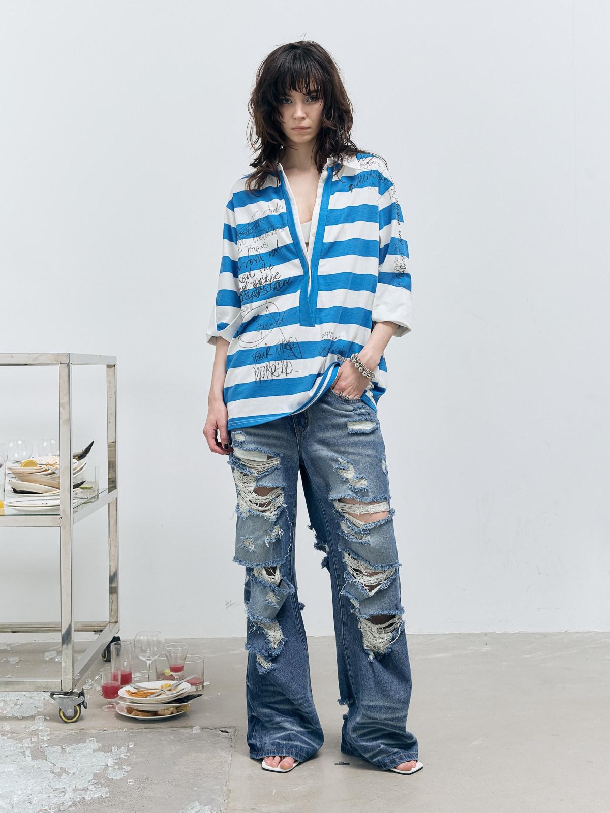 Striped Graffiti Print Open Polo Collar Faux Two Piece Women's Cotton Shirts