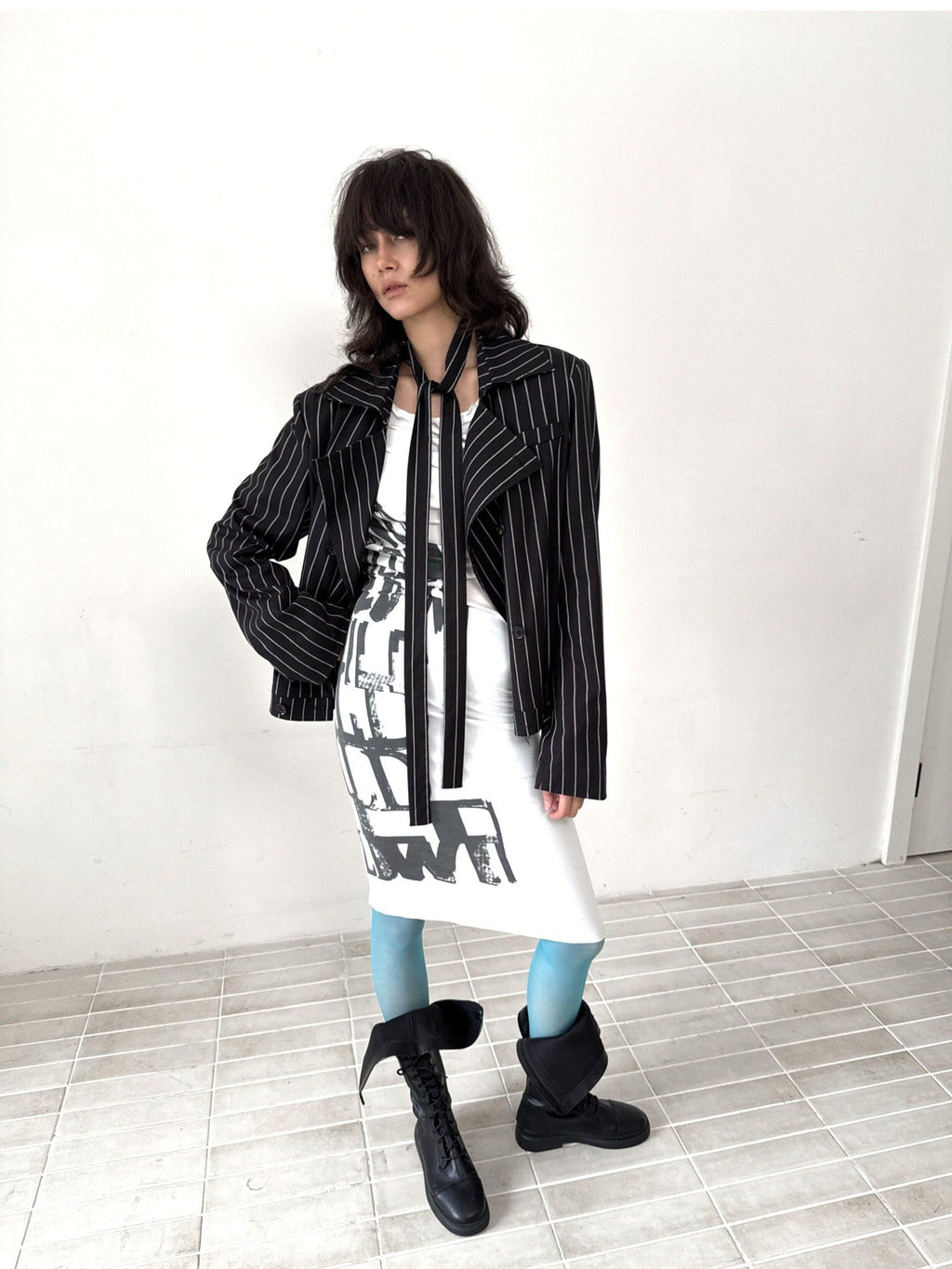 Striped Punk Laced Double Breasted Half Lined Women's Cotton Blend Blazers