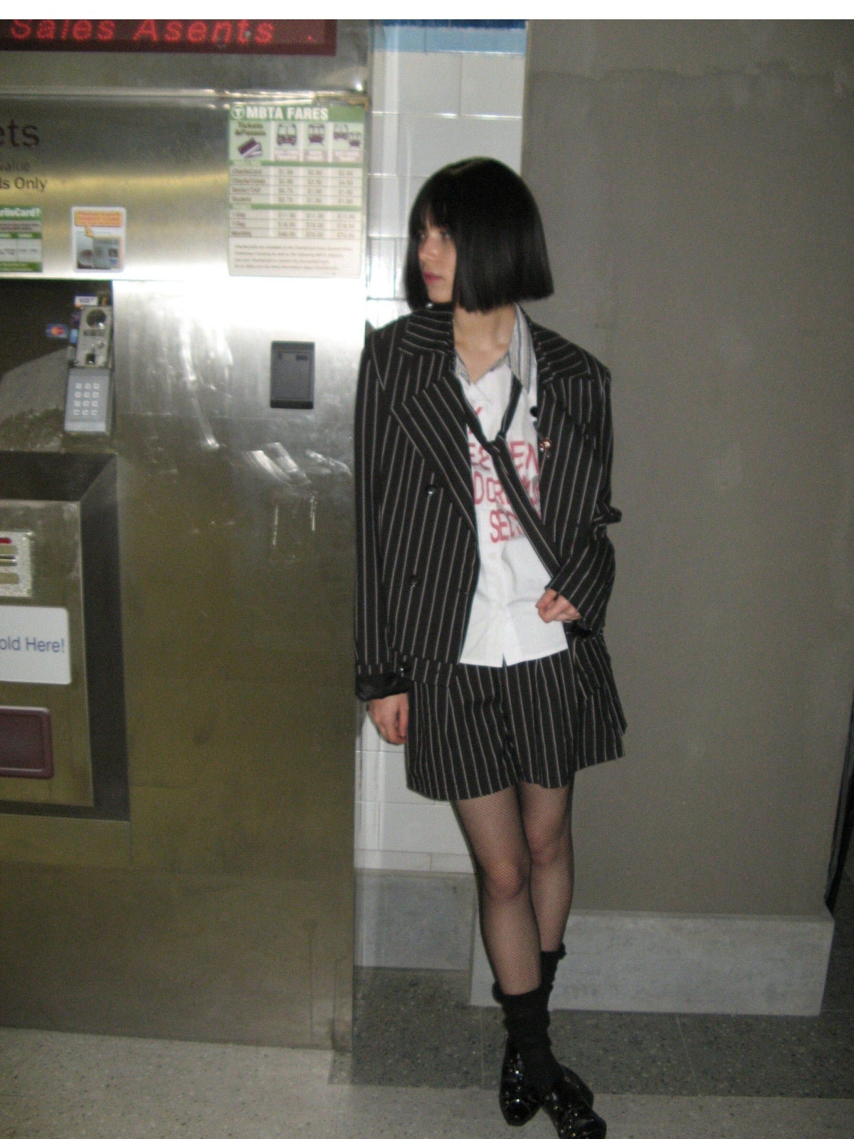 Striped Punk Laced Double Breasted Half Lined Women's Cotton Blend Blazers