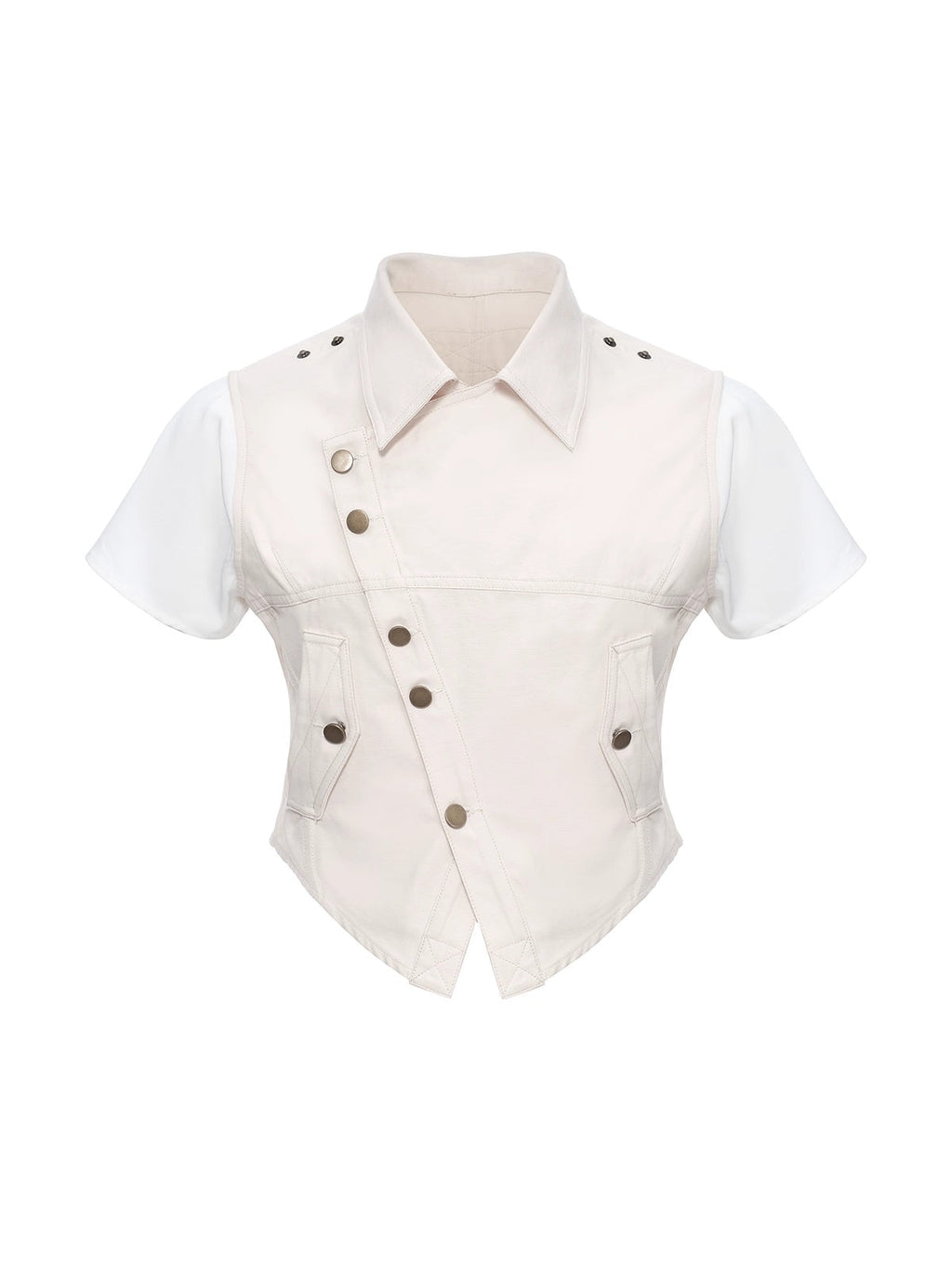Tailored Slim Fit Collared Lapel Youth Casual Off White Trendy Outerwear Vest